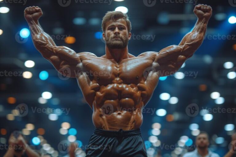 AI generated A bodybuilder on a competition stage, striking a classic ...