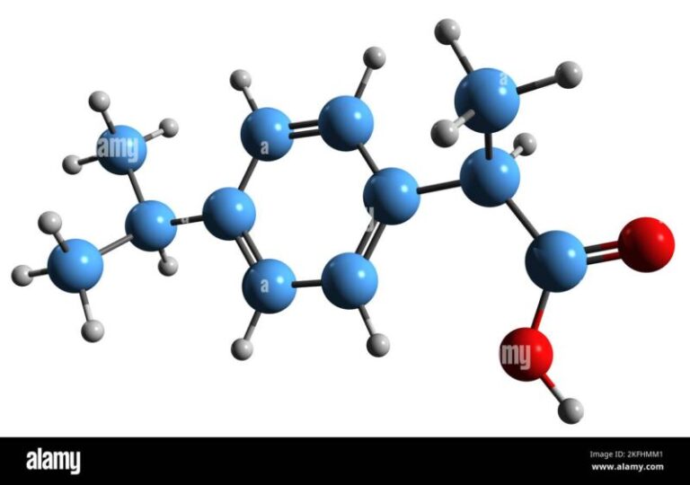 3D Bild der Skelettformel von Ibuprofen - molekulare chemische Struktur ...