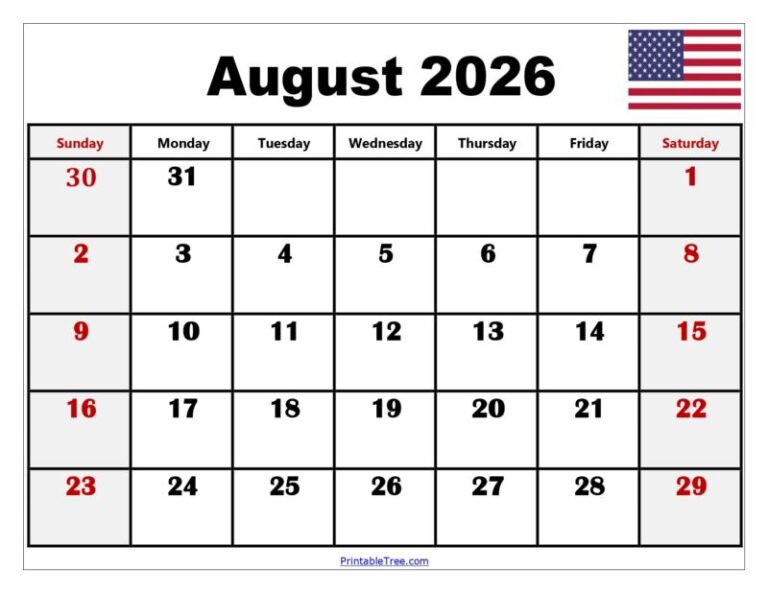 August 2026 Calendar Printable PDF with Holidays Template