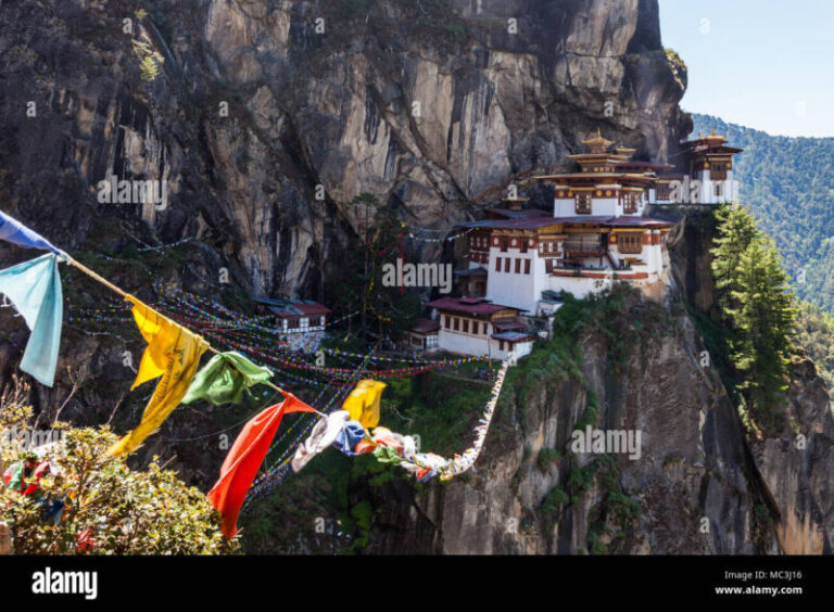 Paro Taktsang aka Tiger's nest is an old monastery situated on a cliff ...