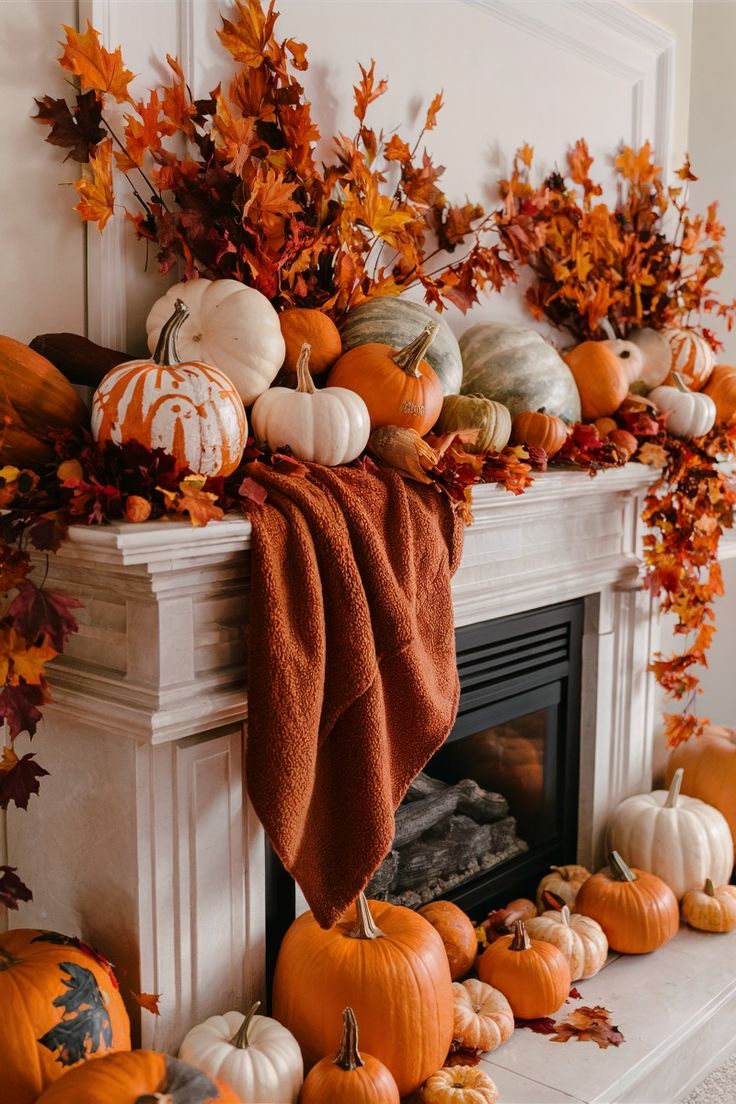 Cozy Fall Mantle with Pumpkins, Leaves, and Warm Blankets | Fall ...
