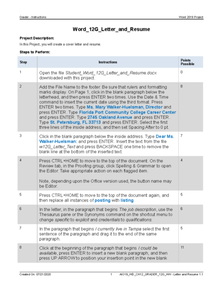 Word 12G - Cover Letter and Resume Project Instructions - Studocu